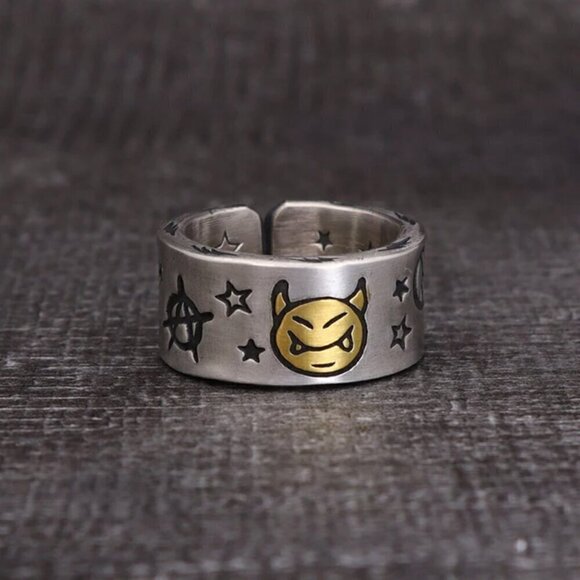 925 Sterling Cartoon Devil Face Boho Ring (Gold Face) #1354 - Picture 1 of 12